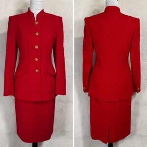 Vintage Lilli Ann Red Wool Midi Skirt Suit 6 Mandarin Gold Button USA Union FLAW